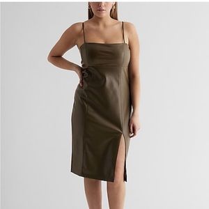 Olive Green Faux Leather Midi Dress